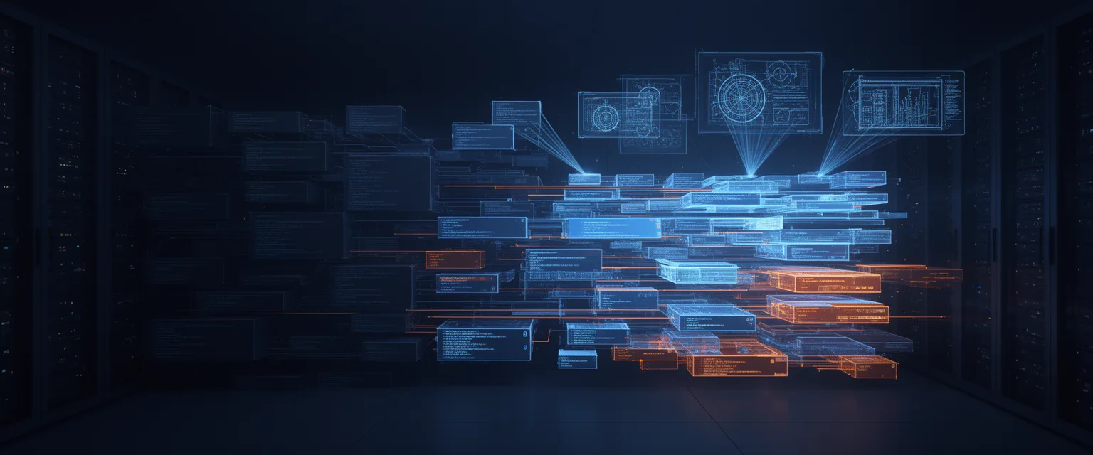 Illustration: gewachsenes Softwaresystem wird übernommen und Schicht für Schicht erneuert, während es weiterläuft