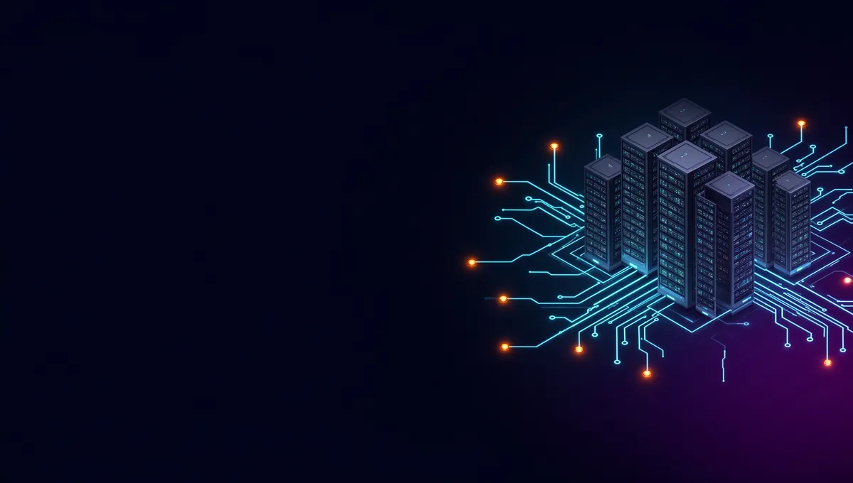 Leuchtende Serverarchitektur mit vernetzten Datenwegen auf dunkelblauem Grund