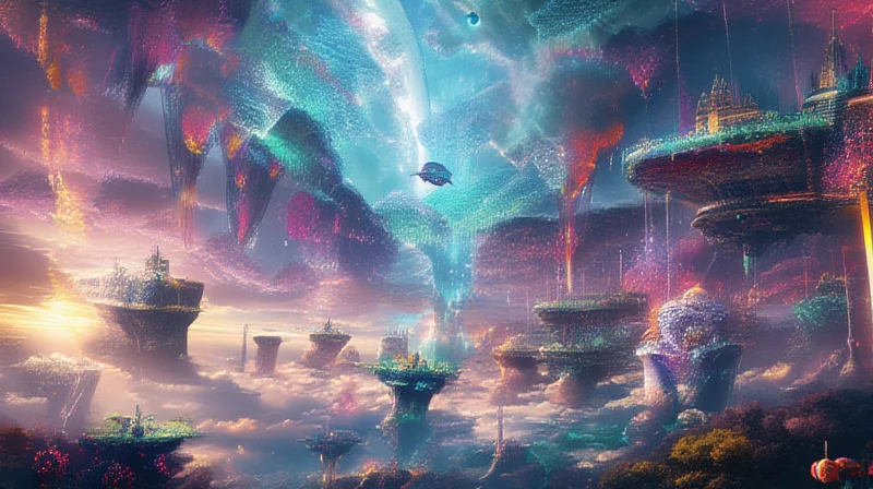 Mit Chroma generiertes surreales Fantasy-Landschaftsbild mit schwebenden Inseln