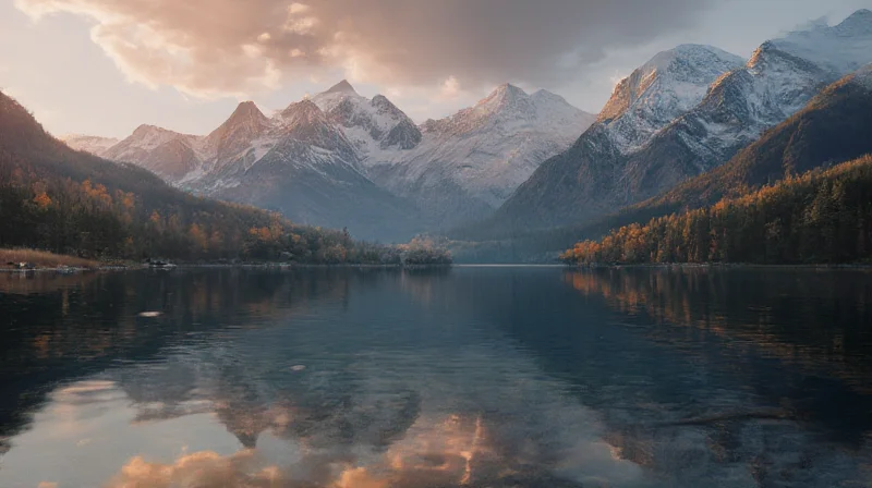 Mit FLUX.1 Dev generiertes Landschaftsbild – Alpensee bei Sonnenuntergang