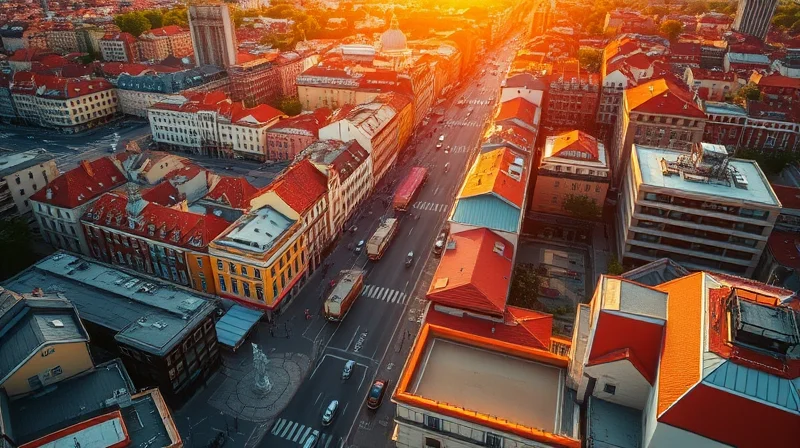 Mit FLUX.1 Schnell generiertes Luftbild einer europäischen Stadt bei Sonnenuntergang