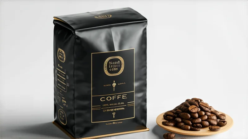 Mit SD 3.5 Large generiertes Produktfoto – Kaffee-Verpackung mit Goldschrift