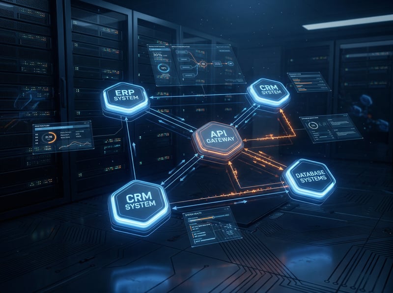 Systemintegration: ERP, CRM, API Gateway und Datenbanken vernetzt