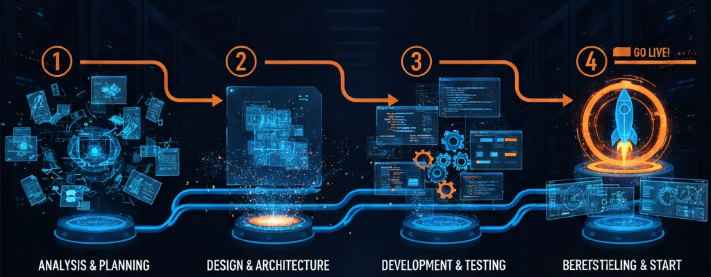 Infografik: Projektablauf in vier Phasen – Analyse, Design, Entwicklung und Go-Live